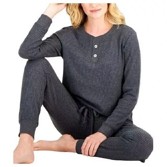 Alfani Women Sz XS Charcoal Gray 2-pc Thermal Waffle-Knit Henley Pajama Set - Picture 16 of 16
